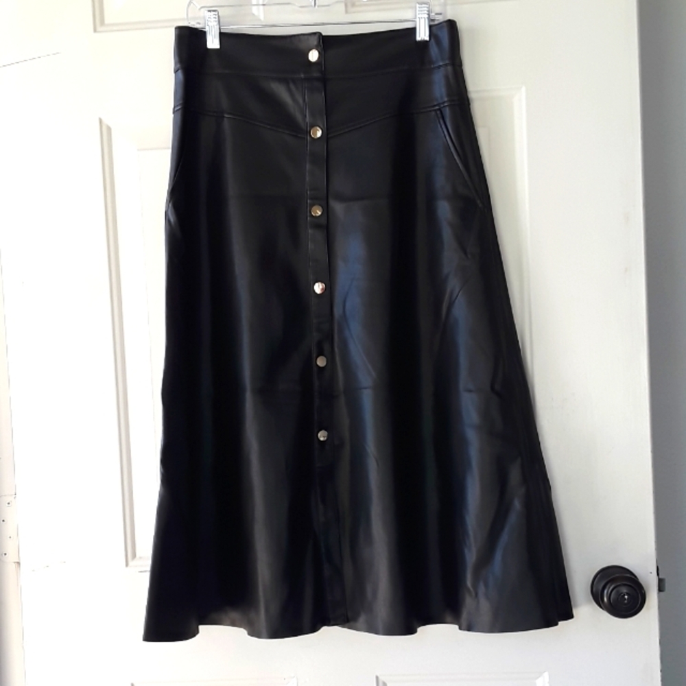 Zara Faux Black Leather Midi Skirt.